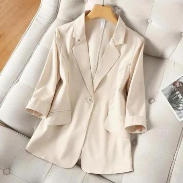 Imagem de Blazer Feminino Azul - Manga 3/4, Casual, Gola Virada e Botão Único, B
