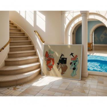 Imagem de Quadro Decorativo Três Gueixas, um Só Coração Retangular 60 X 90 em Canvas com Vidro Mo...