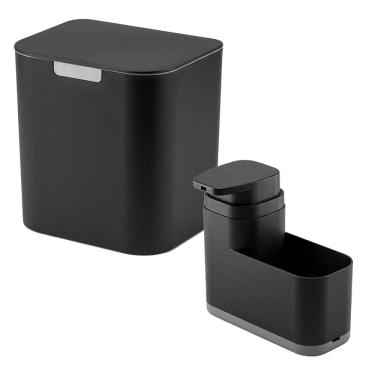 Imagem de Kit Pia Cozinha 2Pç Lixeira 5 Litros + Dispenser Porta Esponja Detergente 550ml Preto - Liv Ou