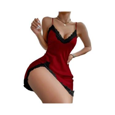 Imagem de Camisola Feminina De Verão Em Renda E Cetim Com Decote V Profundo E Fe