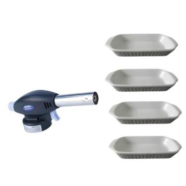 Imagem de Kit 5 Peças Maçarico Aço Inox e 4 Travessas Creme Brulee e Sobremesas 