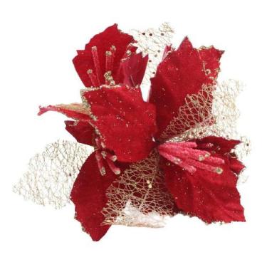 Imagem de Kit 4 Flores Vermelhas Com Cabo Artificial Decoração De Natal Com Glit