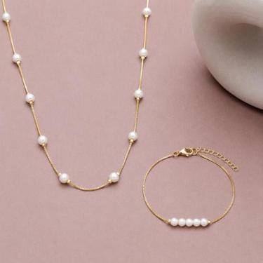 Imagem de Conjunto Semijoia Pérolas Clássico Colar e Pulseira Banhado a Ouro 18K