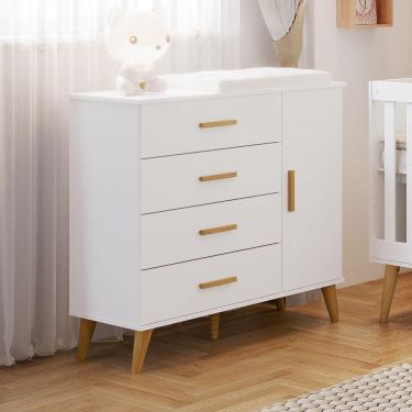 Imagem de Cômoda de Bebê Fraldário 1 Porta 4 Gavetas Luma Carolina Baby Branco/Bétula