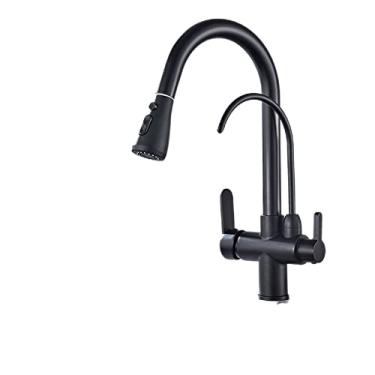 Imagem de Golden Pull Out torneira da cozinha de água pura latão três maneiras quente e fria pia misturador para cozinha de parede, preto fosco, China