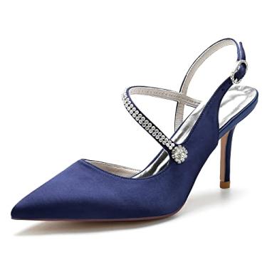 Imagem de Sapato feminino bico fino casamento strass Mary Jane salto festa vestido sapatos formatura cetim slingback oblíquo, Sblue, 11