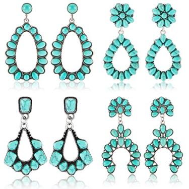 Imagem de Brincos ovais turquesa, 4 pares de brincos de metal com pingente boêmio, turquesa, vintage, turquesa, brincos de lágrima, Turquesa, Turquesa