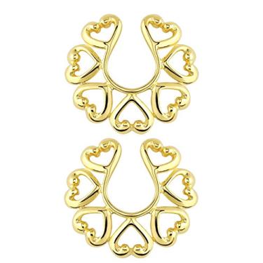 Imagem de Anel de mamilo vintage com clipe de corações sem piercing - tom dourado - vendido como par