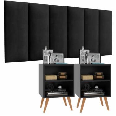 Imagem de Conjunto Cabeceira Suede Casal e Mesas de Cabeceira Elegance Off White/Freijó - Mania de Móveis