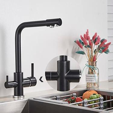 Imagem de Torneira de cozinha de água pura de latão branco preto com alça dupla, água potável quente e fria, torneiras misturadoras de cozinha com filtro de 3 vias, preto com ponto, A