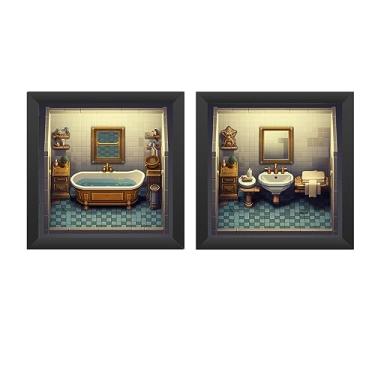 Imagem de Kit 2 Quadros 18X18 CM, com Moldura E Vidro Banheiro, Lavabo, Toalete, 8 BIT, NERD, GEEK, VIDEO GAME, RPG, ITEM RPG (moldura preta)