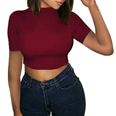 Imagem de VINGVO Espartilho feminino camiseta manga curta cor pura slim fit fibra de poliéster para esportes fitness, Vinho tinto, XXG