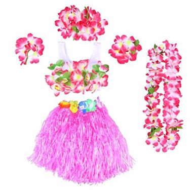 Imagem de ACHVAC Guirlanda de Natal artificial 6 peças Havaí tropical hula grama dança saia crianças flores leis pulseiras tiara colar sutiã conjunto fantasia de festa havaiana (cor: rosa)
