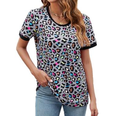 Imagem de Camiseta de Verão, Ajuste Solto Feminino Manga Curta Estampa de Leopardo Camiseta Tripulação Respirável Elegante para Senhora para Uso Doméstico (M)
