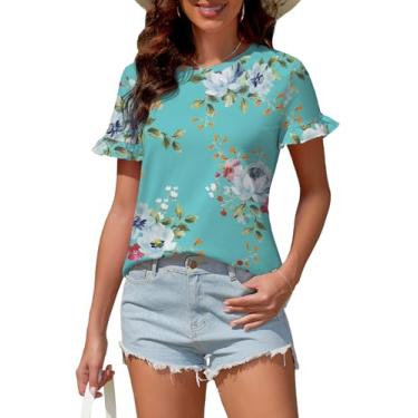 Imagem de ArtJuly Camisetas femininas de verão fofas de manga curta com babados e blusas casuais elegantes, Flor azul-petróleo, XXG