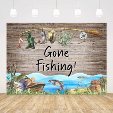 Imagem de AIBIIN 2,1 x 1,5 m Gone Fishing Pano de fundo para fotos de madeira rústica para decoração de festa de pesca, decoração de festa de aniversário, cenário de pesca, decoração de pesca rústica de madeira