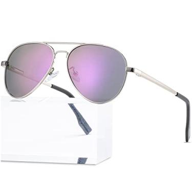 Imagem de PORADAY Óculos de sol aviador polarizados pequenos para mulheres, homens e jovens, Moldura prata/roxo espelhado, MM
