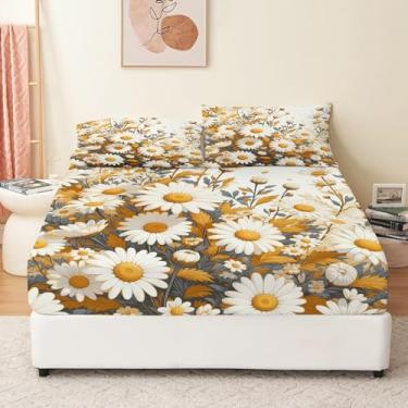 Imagem de Bhoyctn Jogo de cama casal de 4 peças margarida amarelo - durma melhor do que nunca com estes lençóis ultramacios e refrescantes para sua cama de casal - Bolso profundo para colchão de 40,6 cm
