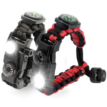 Imagem de NVioAsport Pulseira Paracord 20 em 1, kit de engrenagem ajustável com luz LED SOS, acionador de fogo, bússola maior, apito de sobrevivência, perfeito para acampamento, caminhadas, pesca, pulseira de