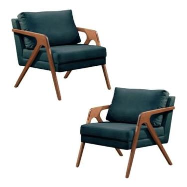 Imagem de Kit 2 Poltronas Decorativas Lúcia Madeira Maciça Luxo Para Sala de Estar, Escritório e Recepção Suede Azul Petróleo - Loja Monte Belo