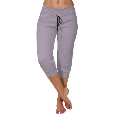 Imagem de Macacões femininos casuais de verão nova calça elástica cropped casual para mulheres moda calça de cintura alta para mulheres, Cinza, P