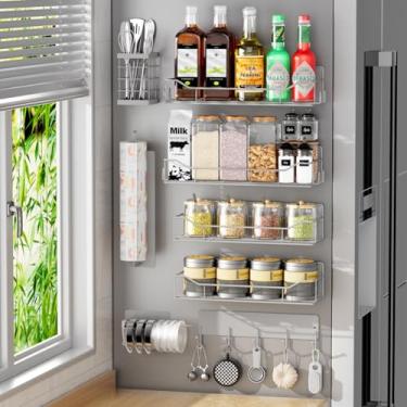 Imagem de Suporte magnético para temperos para geladeira, pacote com 8 prateleiras magnéticas de geladeira para cozinha, organizador de temperos móvel com gancho, suporte de toalha de papel, suporte de