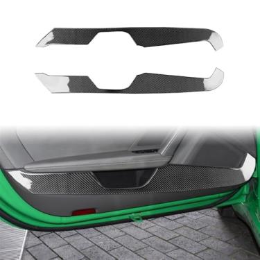 Imagem de 2/4 peças de painéis de acabamento de porta interna dianteira esquerda e direita automotiva, tiras de chute de porta inferior, cor preta e vermelha, decoração de fibra de carbono compatível com modelo