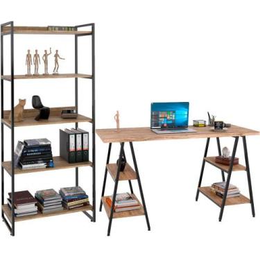 Imagem de Kit Mesa Cavalete 150 cm com Estante 5 Prateleiras Estilo Industrial F