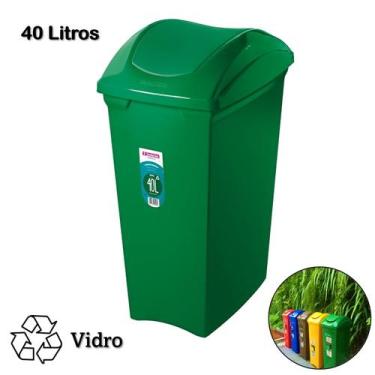 Imagem de Lixeira 40 Litros Seletiva Verde Para Vidro Cesto De Lixo Tampa Bascul