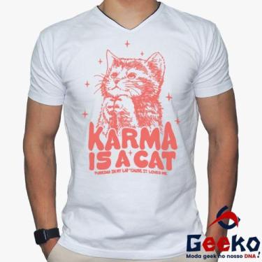 Imagem de Camiseta Taylor Swift 100% Algodão Karma is a Cat Geeko, Branco gola v