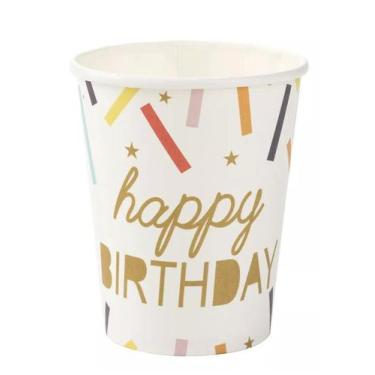 Imagem de 10 Copos de Papel Happy Birthday Confetes 270 ml Silver Festas - Inspi