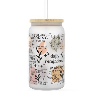 Imagem de Copo de café gelado Daily Affirmation [fosco], copos de vidro de 473 ml com tampas e canudos de bambu |Copos de vidro e copo de vidro com canudo e tampa | Boba Cup, vidro de lata de cerveja para saúde