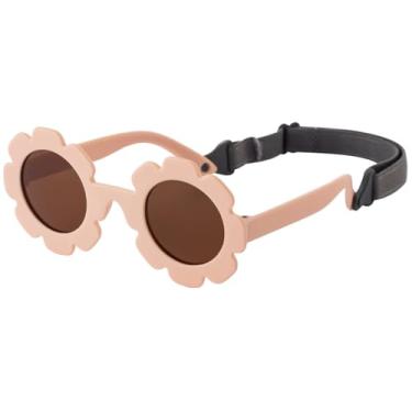 Imagem de KamQen Óculos de sol para bebês com lentes polarizadas de flor flexível com alça para bebês de 0 a 24 meses, A1 Rosa/Marrom, 0-24 Months
