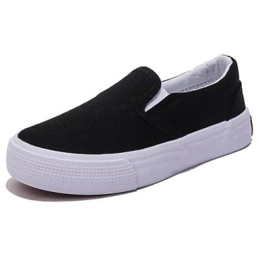 Imagem de OPOEE Sapatos de lona infantis para meninos e meninas, tênis de cano baixo, sapatos brancos para começar a temporada escolar, sapatos modernos de skate para crianças pequenas e grandes, Preto, 10.5