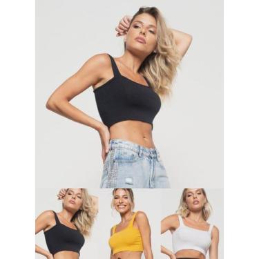 Imagem de Kit 3 Croppeds Top Faixa Comfy Malha Canelada Preto, Branco e Mostarda