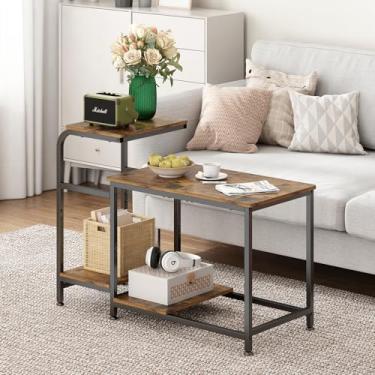 Imagem de Mesa de Centro de 2 Níveis, Mesa de Centro Rústica de Madeira para Casa de Fazenda, Mesa de Centro Externa Pequena para Sala de Estar, Escritório, Mesa de Acampamento, Fácil de Montar, Marrom Rústico