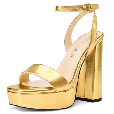 Imagem de HDEUOLM Sandália feminina de salto plataforma alta de bloco grosso, bico aberto, bico quadrado, tira no tornozelo, fivela, vestido de formatura de 14 cm, Dourado, 40