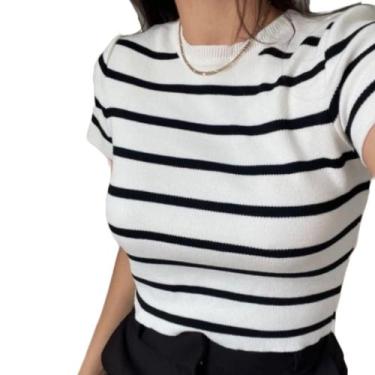 Imagem de Blusa Feminina Listrada Old Money Manga Curta Verão Tricot - FIORELLA 