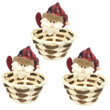 Imagem de Kit 3 Cestos Natalino Palha Decorado Papai Noel Pelúcia 15cm - Master 