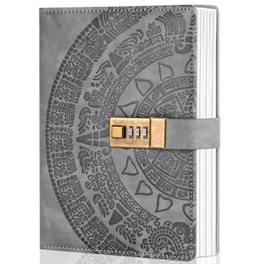 Imagem de CAGIE Diário vintage com cadeado para mulheres, meninas, 256 páginas, diário com senha de couro com cadeado para homens, meninos, diário de bloqueio A5 para escrever com padrão maia, 21 x 15 cm, cinza
