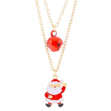 Imagem de QLUYCKW Colar de sino de Natal elegante vermelho verde Jingle Bell Rena Papai Noel, luvas de árvore de Papai Noel, guirlandas, colar com pingente de ouro, corrente X-Mas, joia de Natal para mulheres,