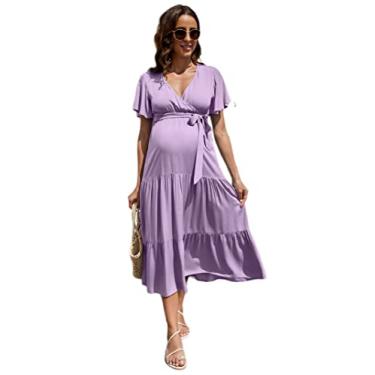 Imagem de FUNJULY Vestido feminino para gestantes, gola V, manga bufante, plissado, para chá de bebê ou uso casual, Roxo claro, GG