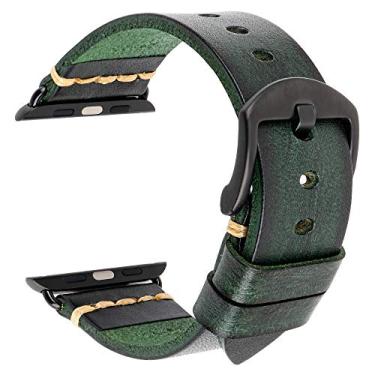 Imagem de Pulseiras de couro compatíveis com Apple Watch Straps 44 mm 42 mm 38 mm 40 mm, Rezero pulseira de couro genuíno de substituição para iWatch Series 5 Série 4/3/2/1, homens e mulheres, 38mm/40mm, Green+Black Buckle