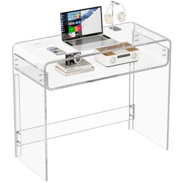 Imagem de XOHYW Mesa de escritório de acrílico, mesa de estudo moderna para laptop com armazenamento aberto, mesa de entrada transparente, 85 cm C x 40 cm L x 75 cm A, para casa, quarto (transparente)