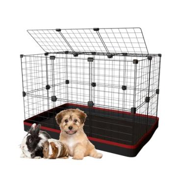 Imagem de Cercado Gaiola Porquinho da Índia 60x90x60cm com Bandeja Higiênica Tapete Impermeável Fácil de Limpar Cercadinho Pet Coelho com Teto (Tela Preta e Tapete Vermelho)