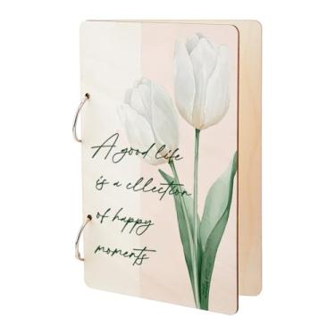 Imagem de SUPERDANT Porta-cartões de felicitações, organizador de livros de planejamento, fichário de folhas soltas, de madeira, tulipas brancas, álbum de fotos, 2 anéis, capa, agenda, lembrança, presentes, uma