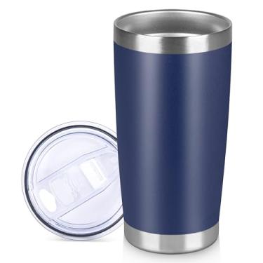 Imagem de VQRRCKI Copo de aço inoxidável de 590 ml a granel com tampa Copos de café com isolamento de parede dupla para bebidas quentes e frias, caneca de café de viagem revestida com pó fosco (azul marinho, 1