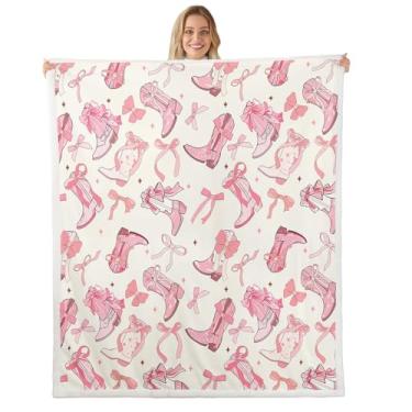 Imagem de Cobertor de flanela vaqueira, botas de caubói ocidental, cobertor de lã rosa com laço para decoração de quarto, cobertor de lã de princesa de conto de fadas sonhador rosa estrelado bege para sofá,