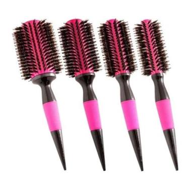 Imagem de kit escova de cabelo profissional cerâmica rosa com cerdas de javali e