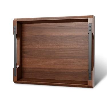 Imagem de Bandeja de madeira de acácia para sala de estar, bandeja de madeira de 42 x 31 cm com alças de metal, bandejas decorativas para mesa de café, café da manhã, jantar, cozinha, bandejas de madeira para